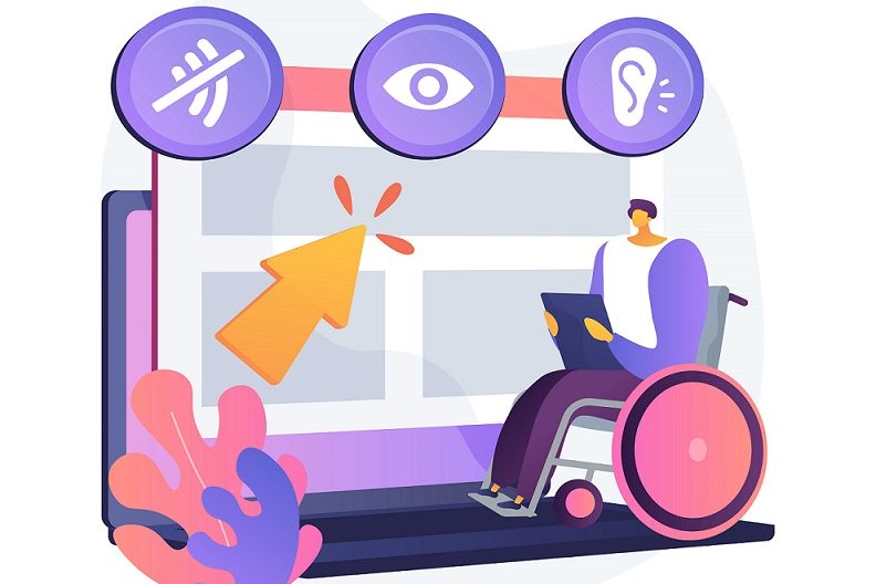 Illustration showing man in wheelchair in front of computer screen with icons for sound, sight, and ear.